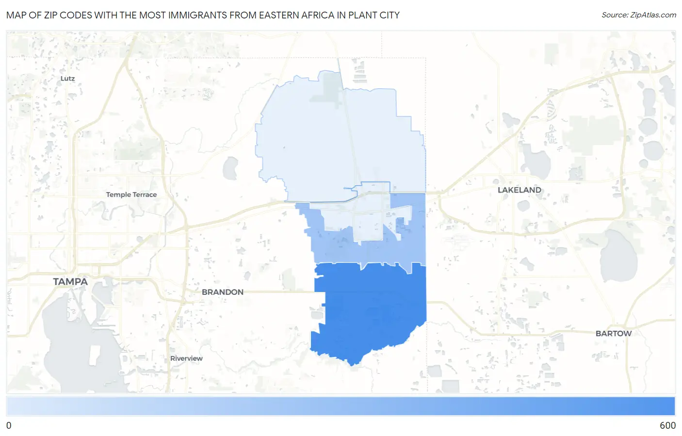 Zip Codes with the Most Immigrants from Eastern Africa in Plant City Map
