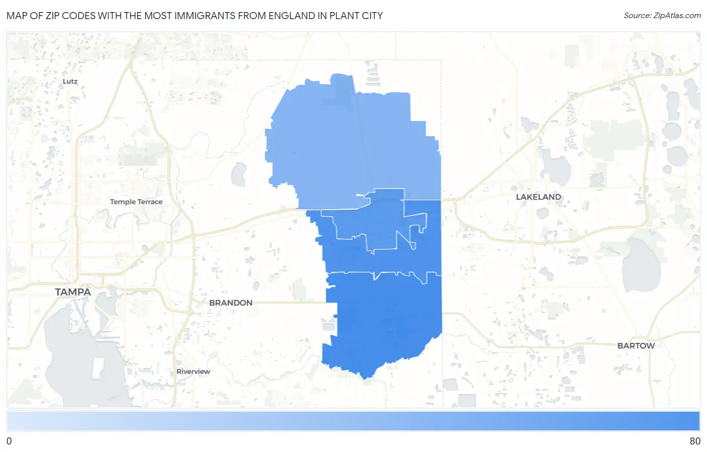 Zip Codes with the Most Immigrants from England in Plant City Map