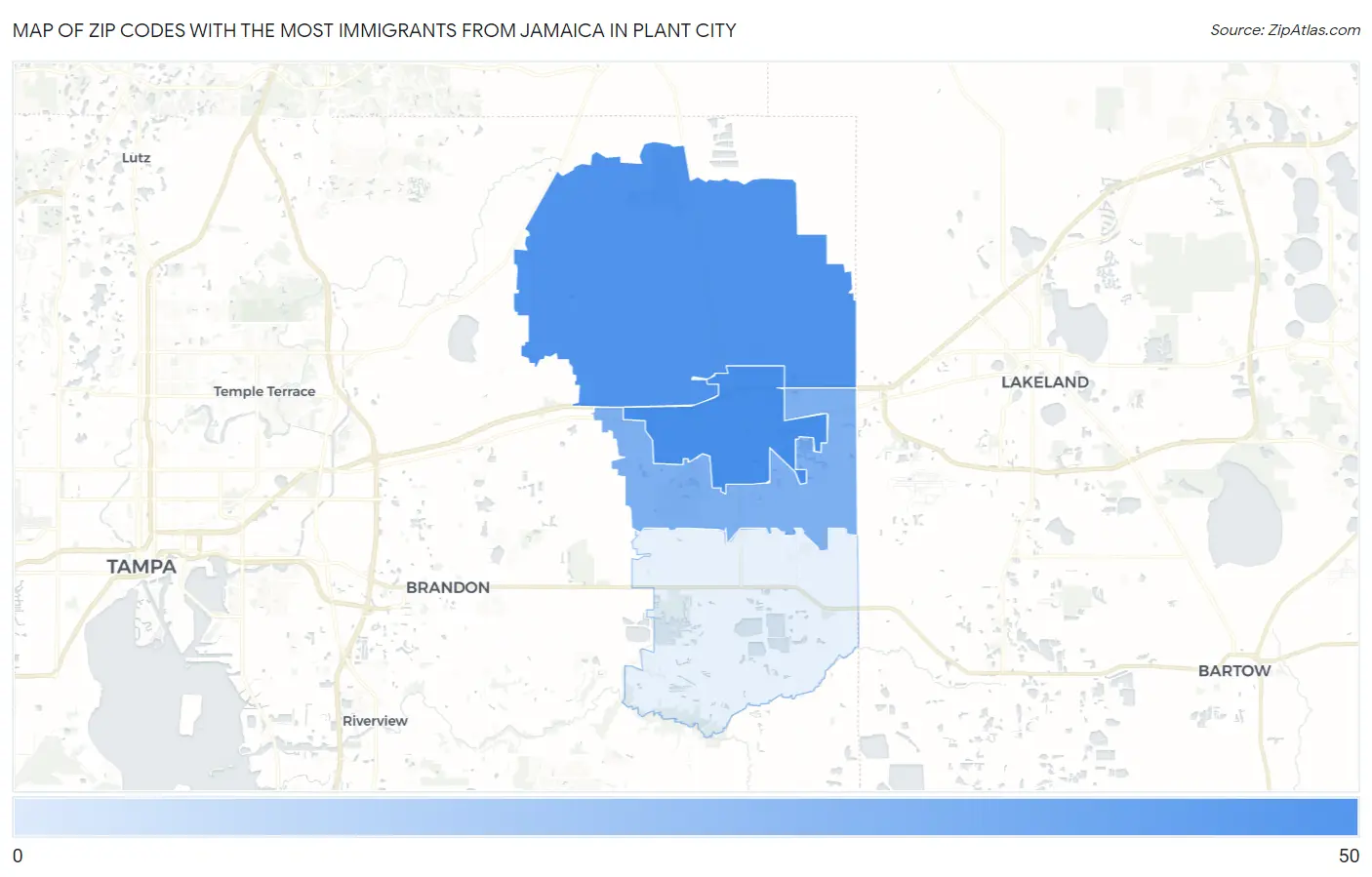 Zip Codes with the Most Immigrants from Jamaica in Plant City Map