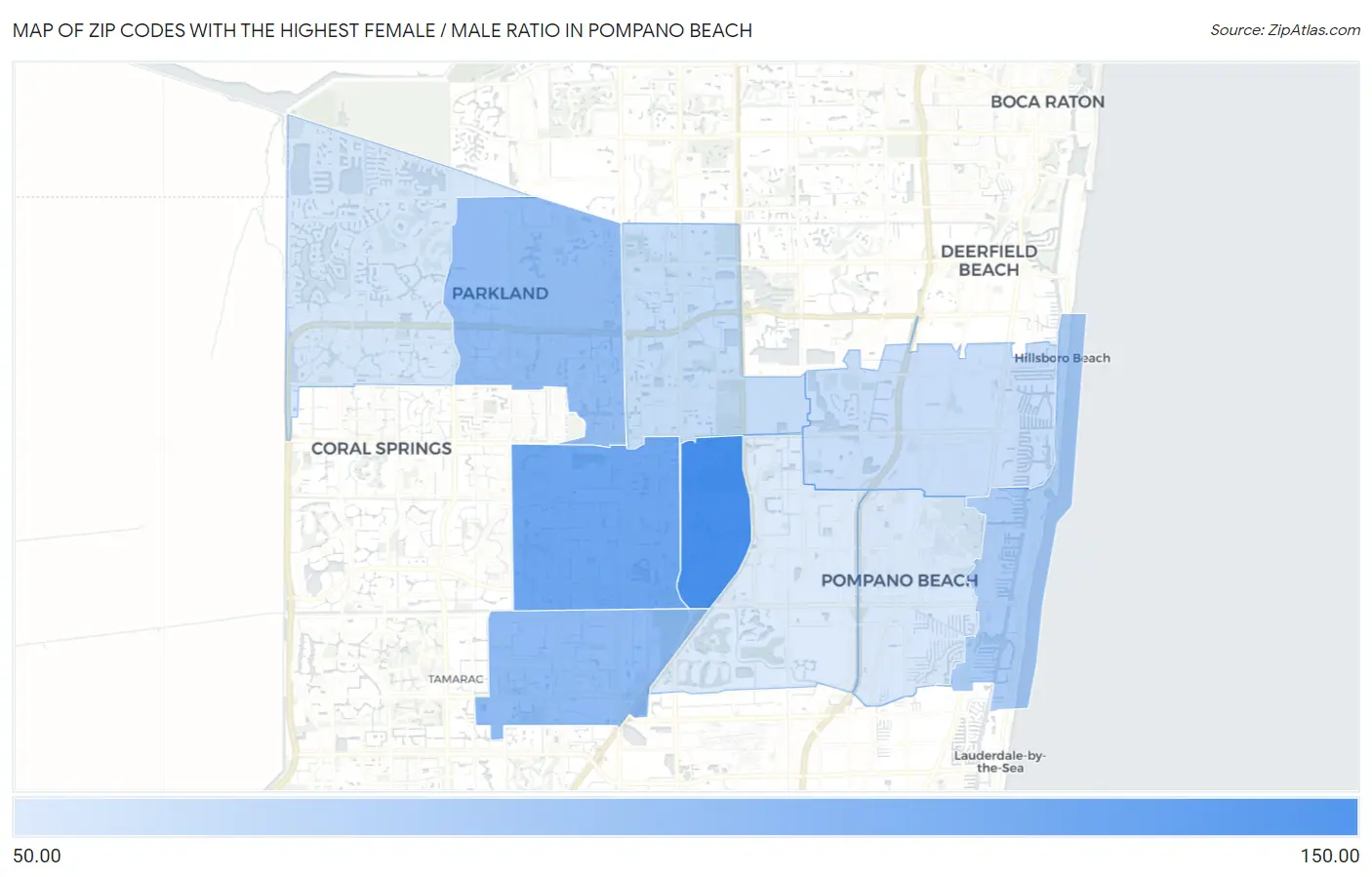 Zip Codes with the Highest Female / Male Ratio in Pompano Beach Map