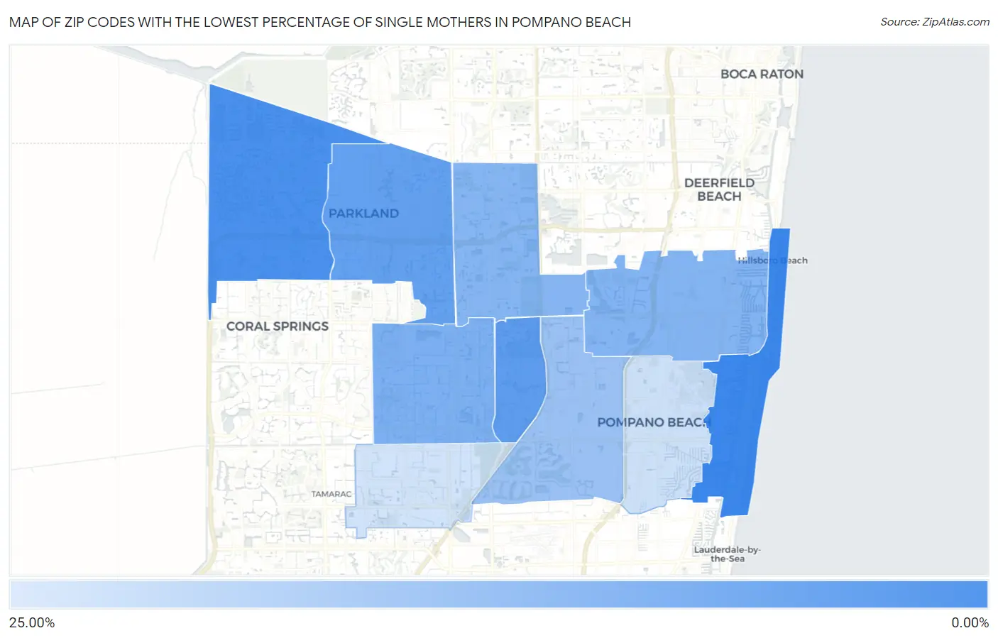 Zip Codes with the Lowest Percentage of Single Mothers in Pompano Beach Map