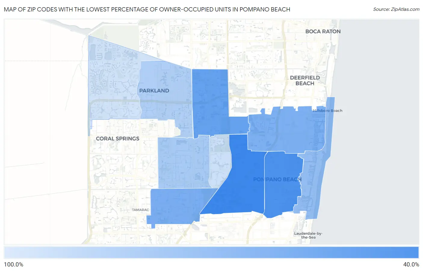 Zip Codes with the Lowest Percentage of Owner-Occupied Units in Pompano Beach Map