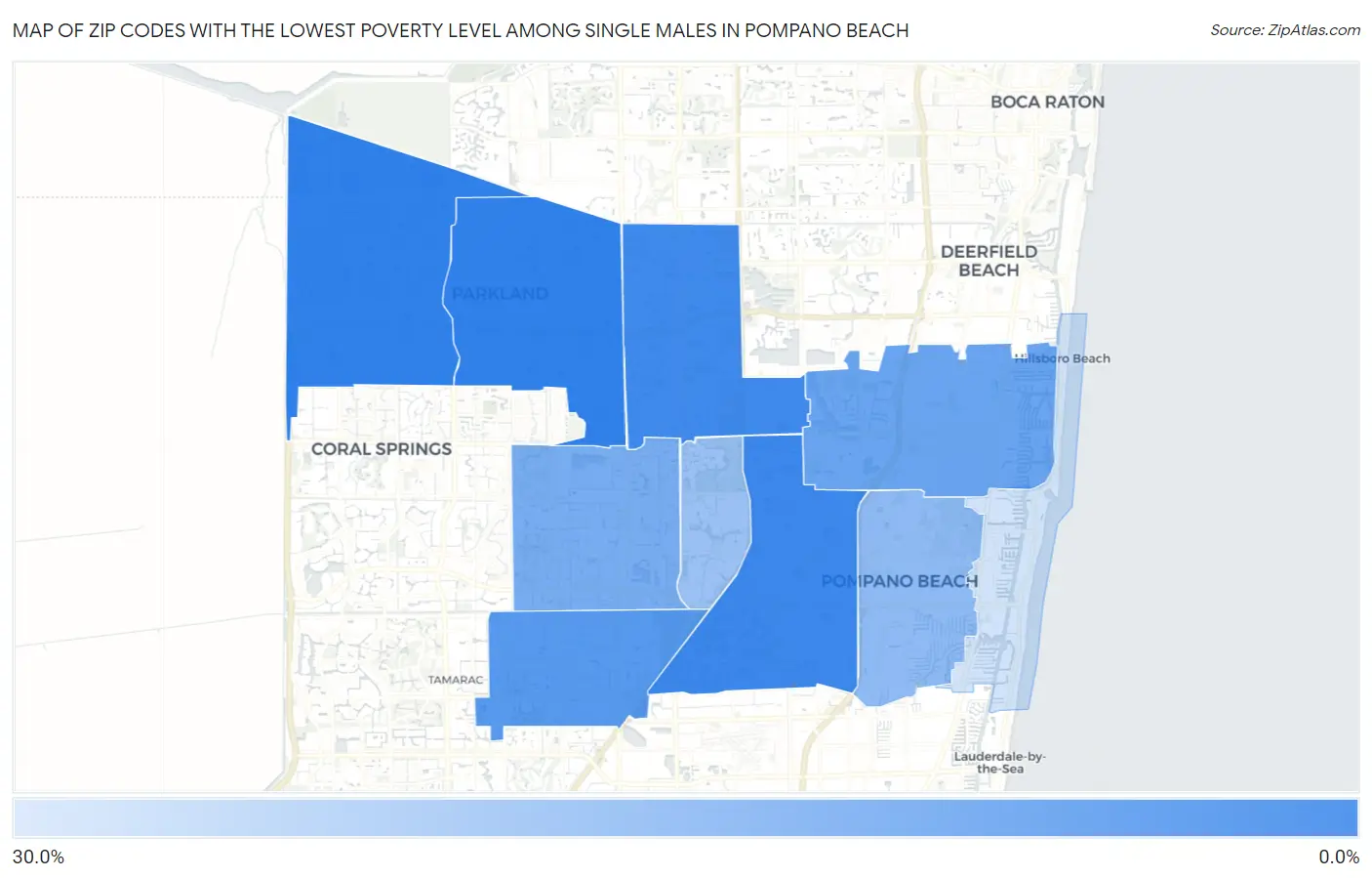 Zip Codes with the Lowest Poverty Level Among Single Males in Pompano Beach Map