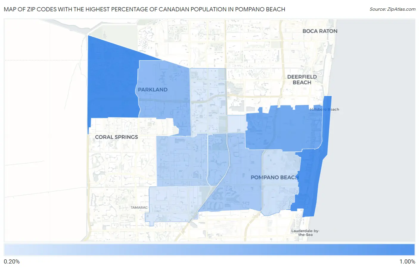 Zip Codes with the Highest Percentage of Canadian Population in Pompano Beach Map
