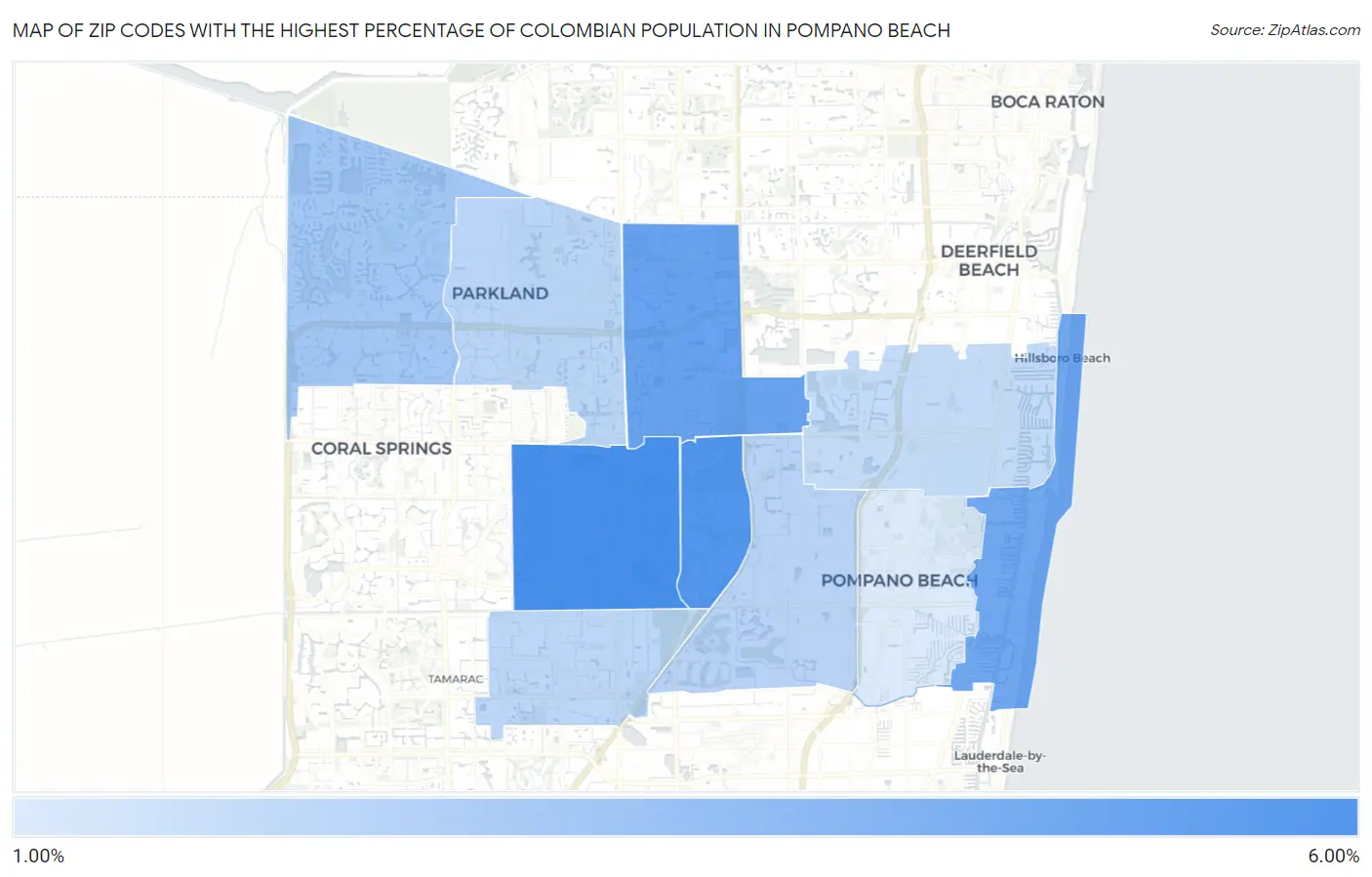 Zip Codes with the Highest Percentage of Colombian Population in Pompano Beach Map