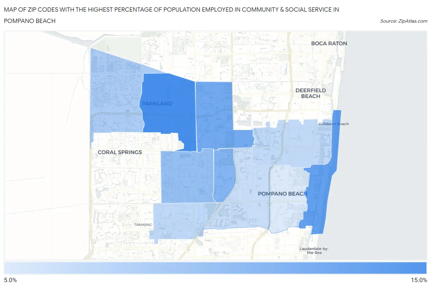 Zip Codes with the Highest Percentage of Population Employed in Community & Social Service  in Pompano Beach Map