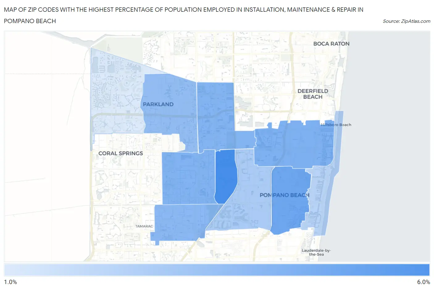 Zip Codes with the Highest Percentage of Population Employed in Installation, Maintenance & Repair in Pompano Beach Map