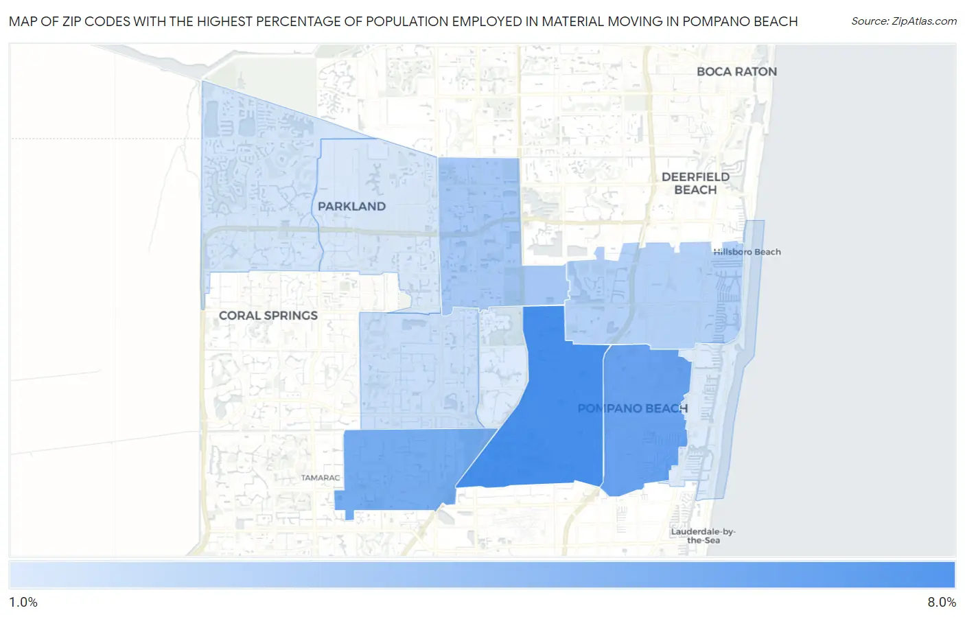 Zip Codes with the Highest Percentage of Population Employed in Material Moving in Pompano Beach Map