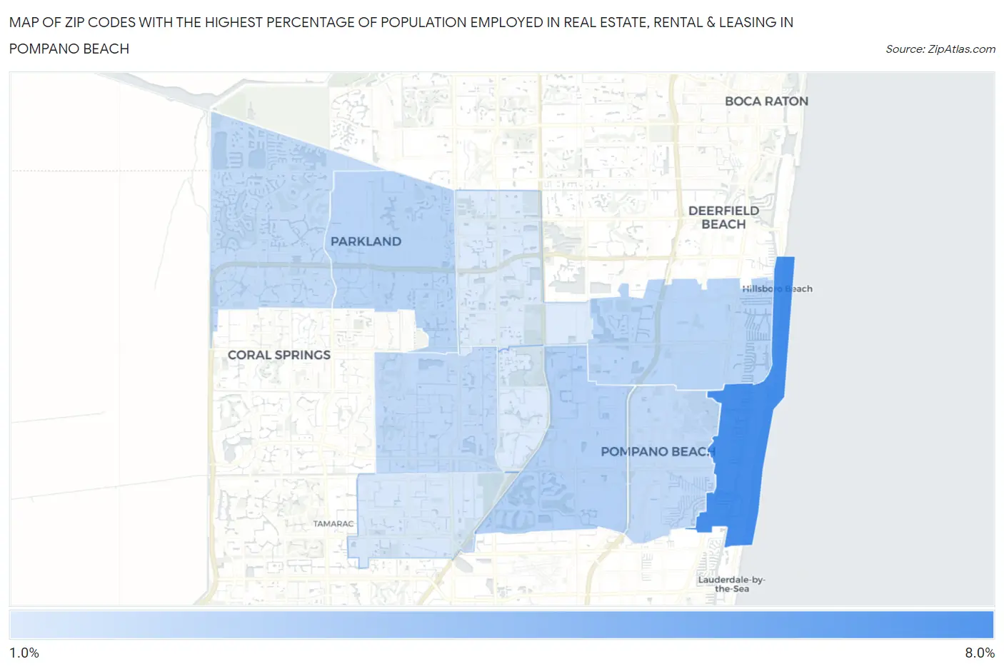 Zip Codes with the Highest Percentage of Population Employed in Real Estate, Rental & Leasing in Pompano Beach Map