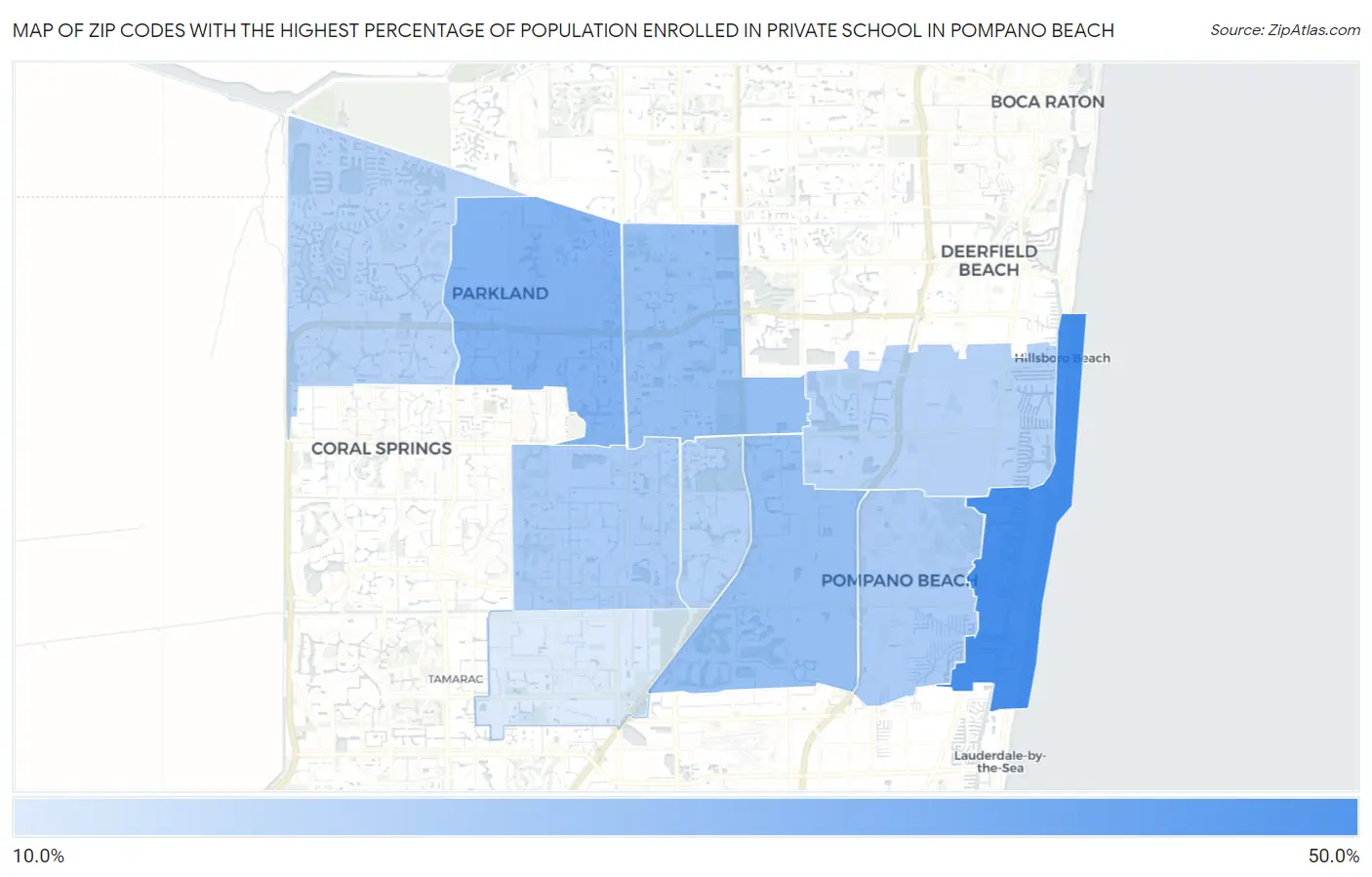 Zip Codes with the Highest Percentage of Population Enrolled in Private School in Pompano Beach Map