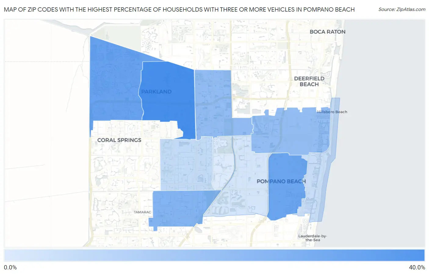 Zip Codes with the Highest Percentage of Households With Three or more Vehicles in Pompano Beach Map