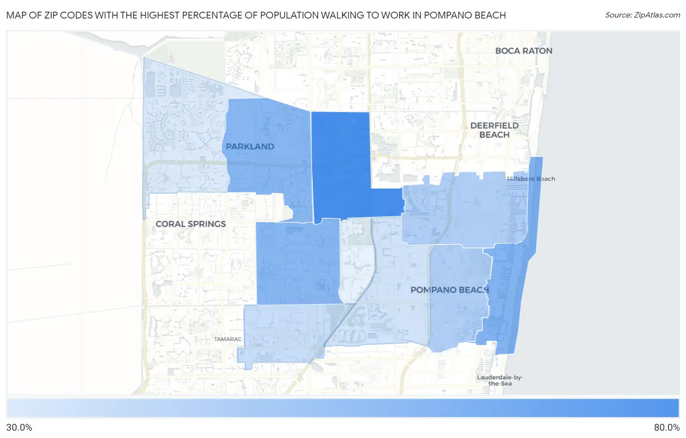 Zip Codes with the Highest Percentage of Population Walking to Work in Pompano Beach Map