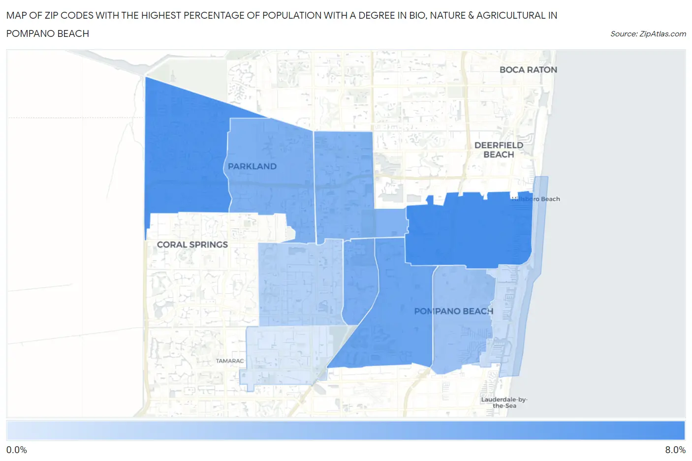 Zip Codes with the Highest Percentage of Population with a Degree in Bio, Nature & Agricultural in Pompano Beach Map