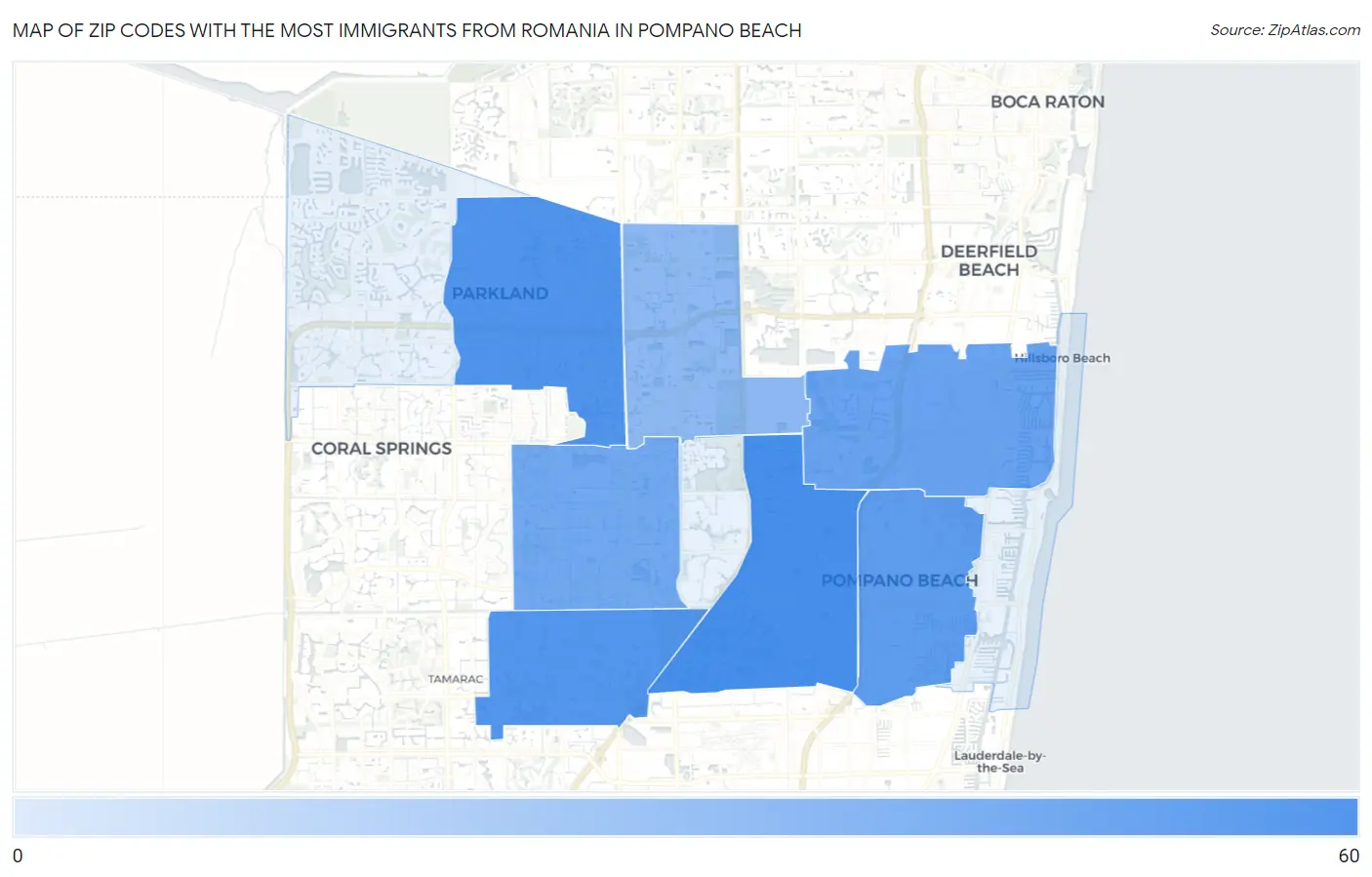 Zip Codes with the Most Immigrants from Romania in Pompano Beach Map
