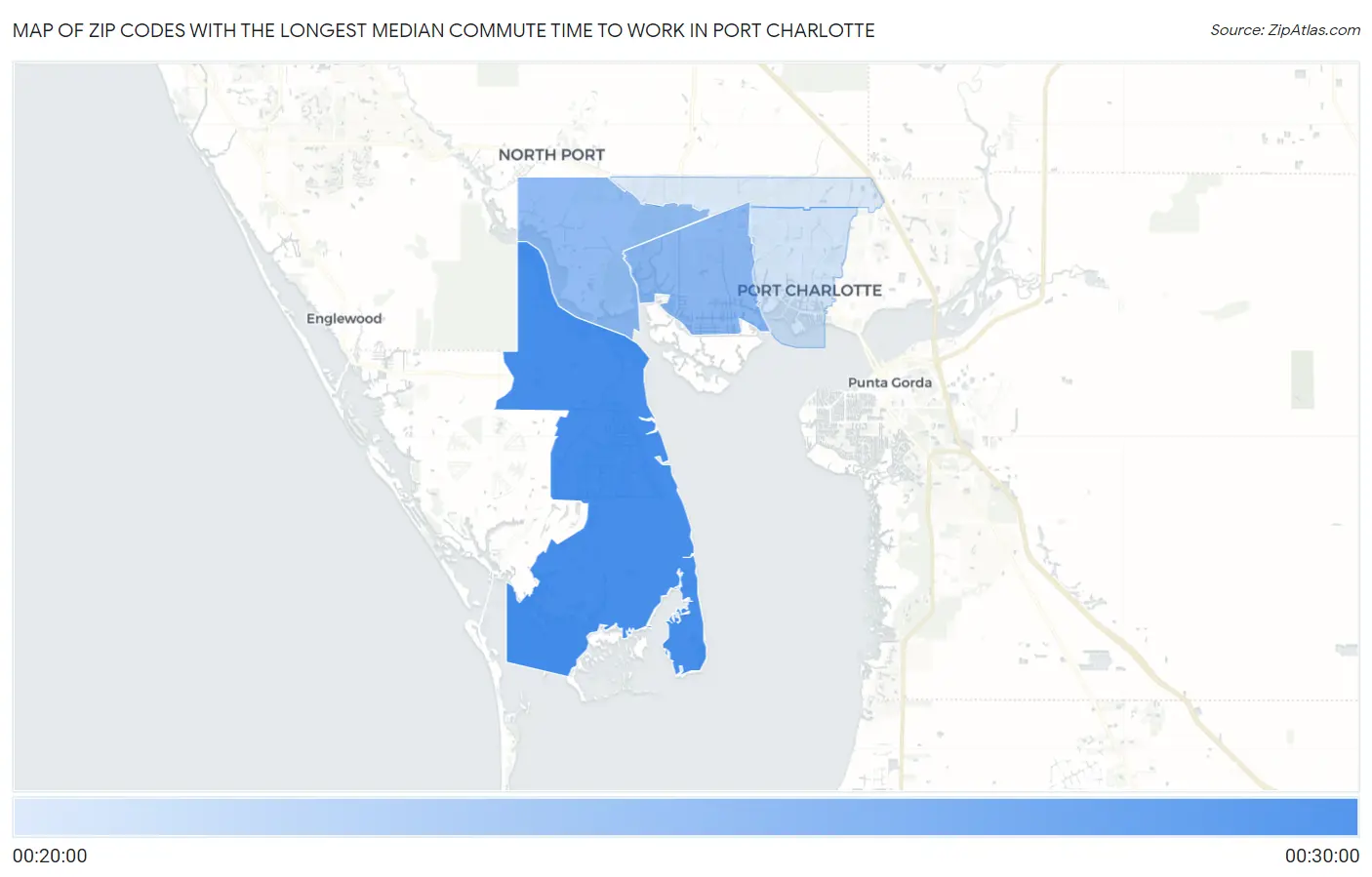 Zip Codes with the Longest Median Commute Time to Work in Port Charlotte Map