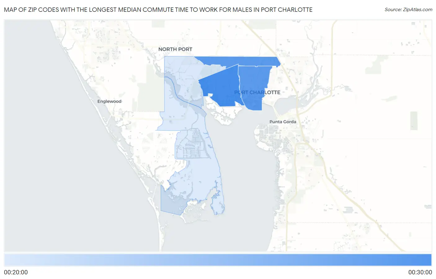 Zip Codes with the Longest Median Commute Time to Work for Males in Port Charlotte Map