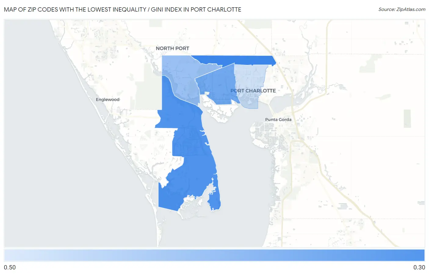Zip Codes with the Lowest Inequality / Gini Index in Port Charlotte Map
