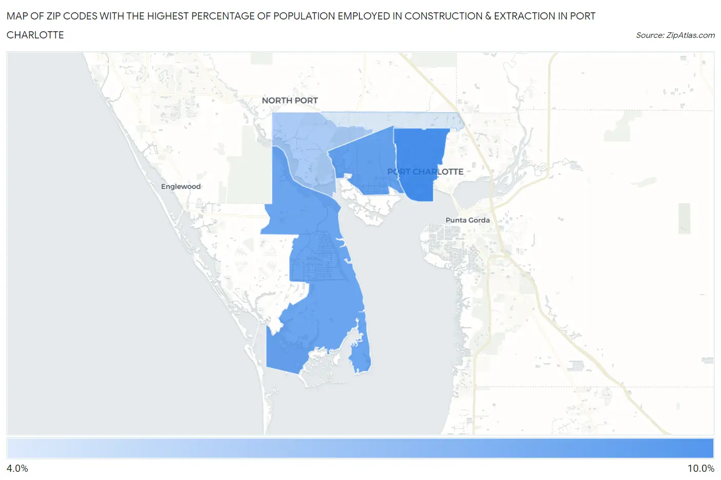 Zip Codes with the Highest Percentage of Population Employed in Construction & Extraction in Port Charlotte Map