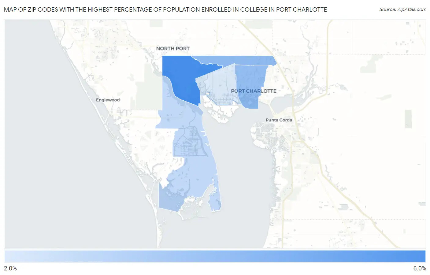 Zip Codes with the Highest Percentage of Population Enrolled in College in Port Charlotte Map