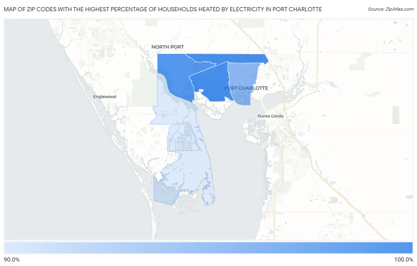 Zip Codes with the Highest Percentage of Households Heated by Electricity in Port Charlotte Map