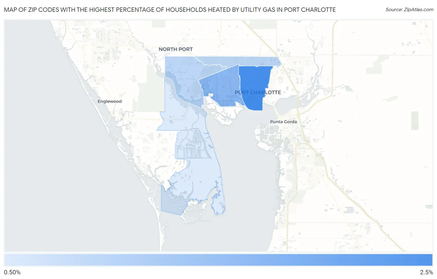 Zip Codes with the Highest Percentage of Households Heated by Utility Gas in Port Charlotte Map