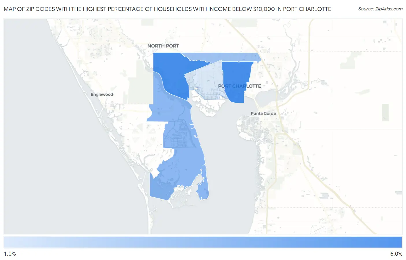 Zip Codes with the Highest Percentage of Households with Income Below $10,000 in Port Charlotte Map