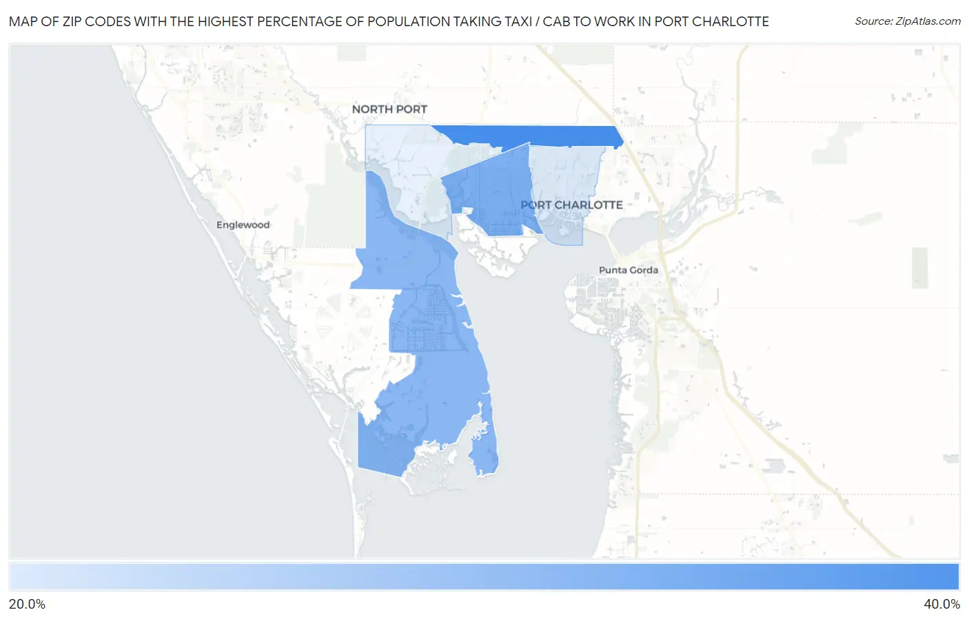 Zip Codes with the Highest Percentage of Population Taking Taxi / Cab to Work in Port Charlotte Map