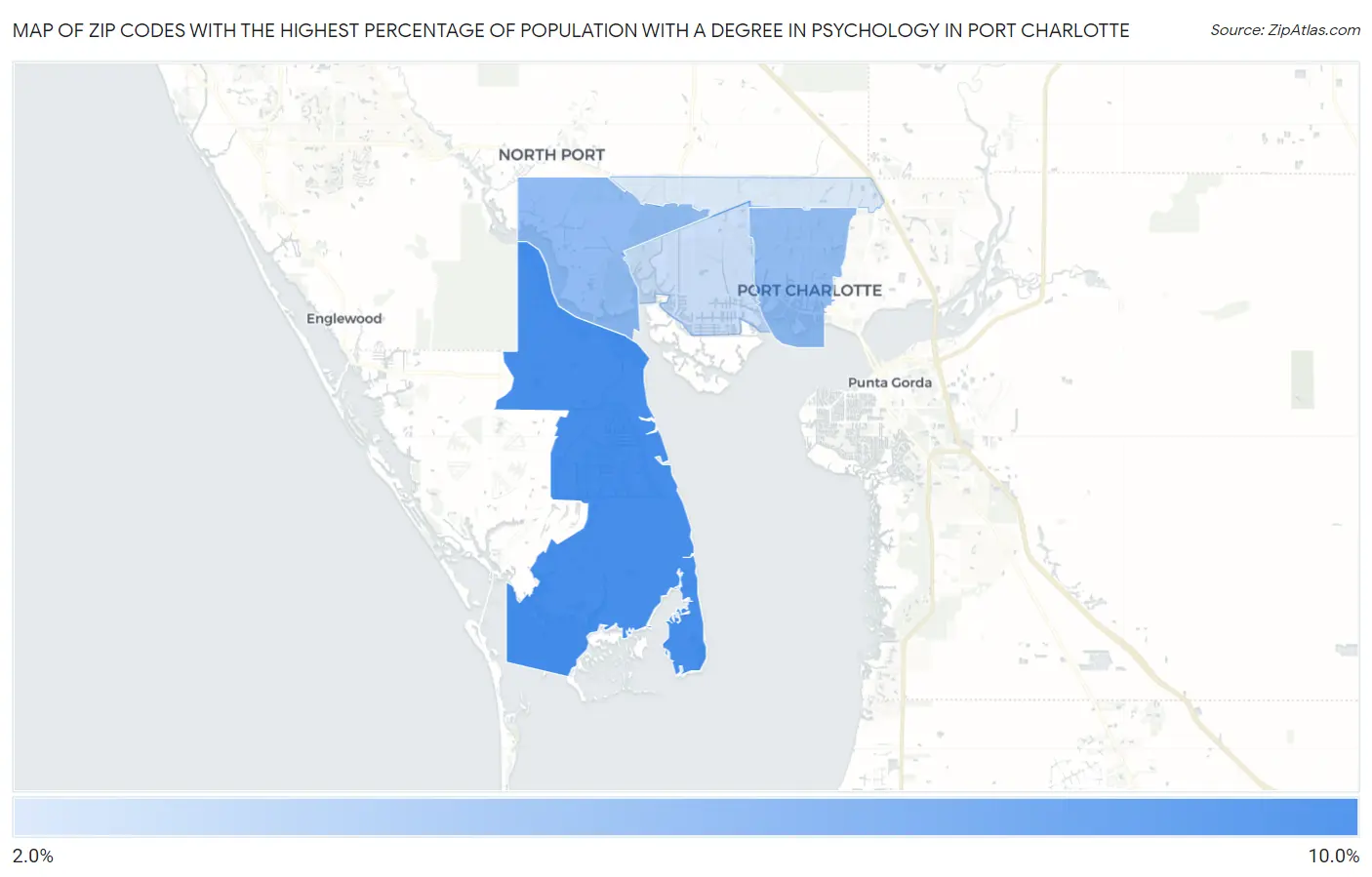 Zip Codes with the Highest Percentage of Population with a Degree in Psychology in Port Charlotte Map