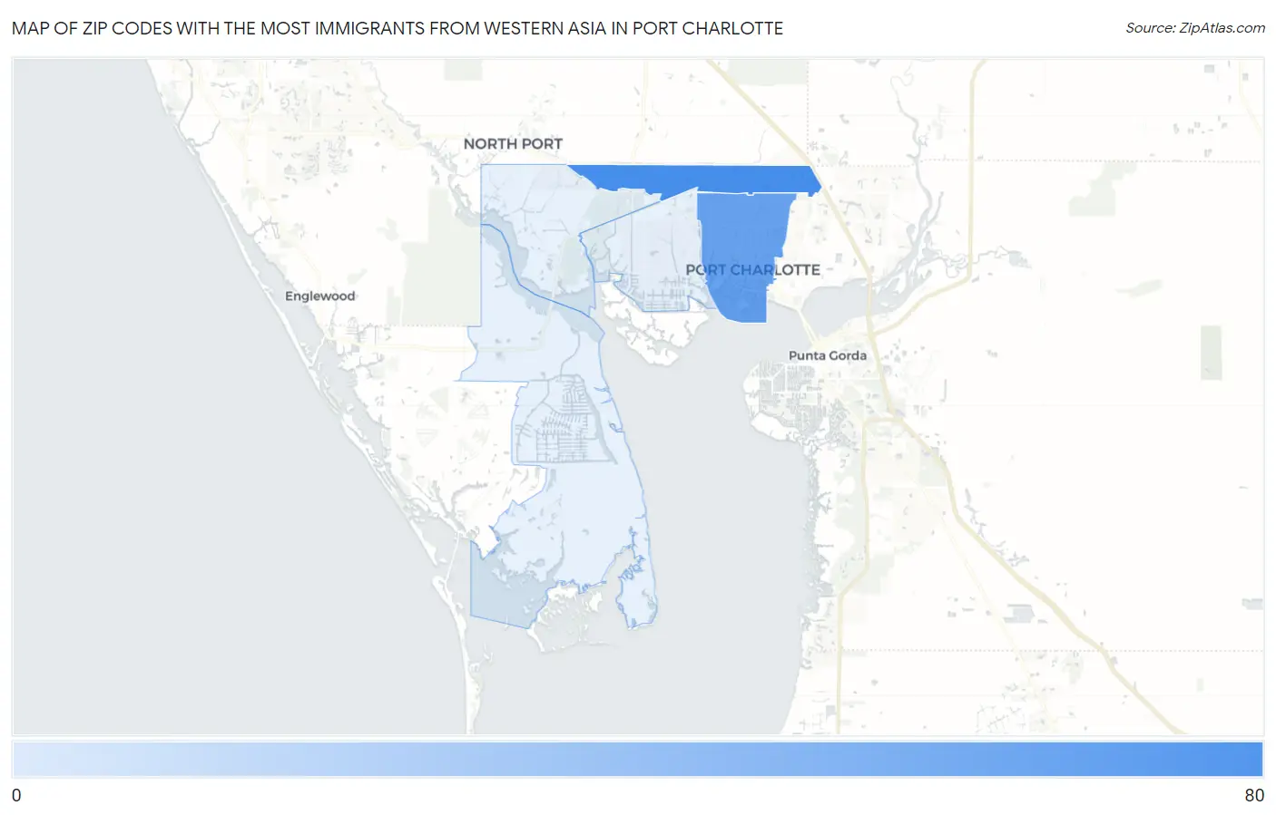 Zip Codes with the Most Immigrants from Western Asia in Port Charlotte Map