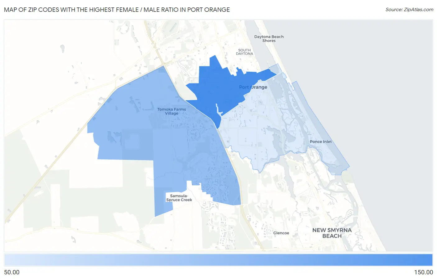 Zip Codes with the Highest Female / Male Ratio in Port Orange Map