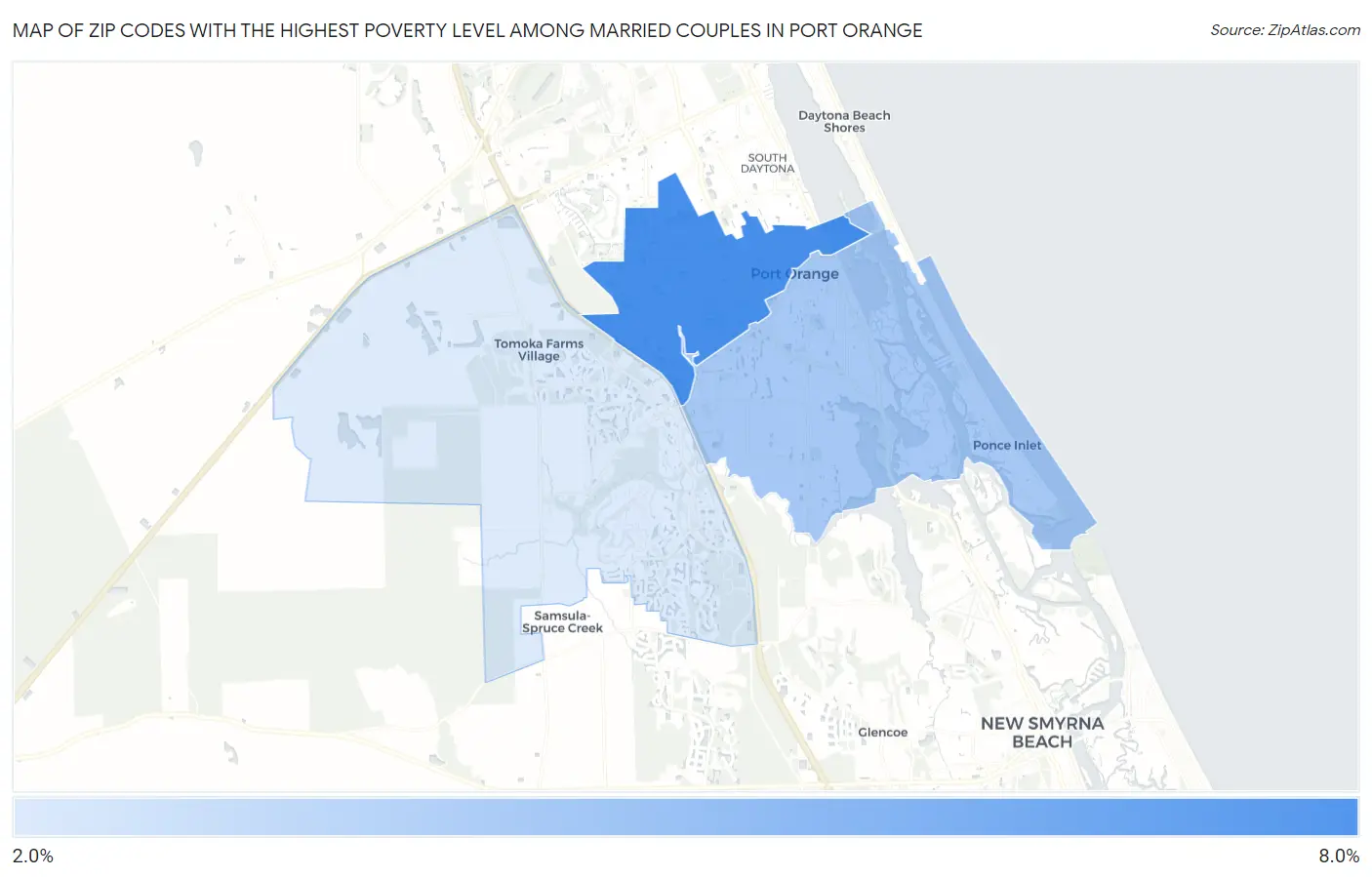 Zip Codes with the Highest Poverty Level Among Married Couples in Port Orange Map