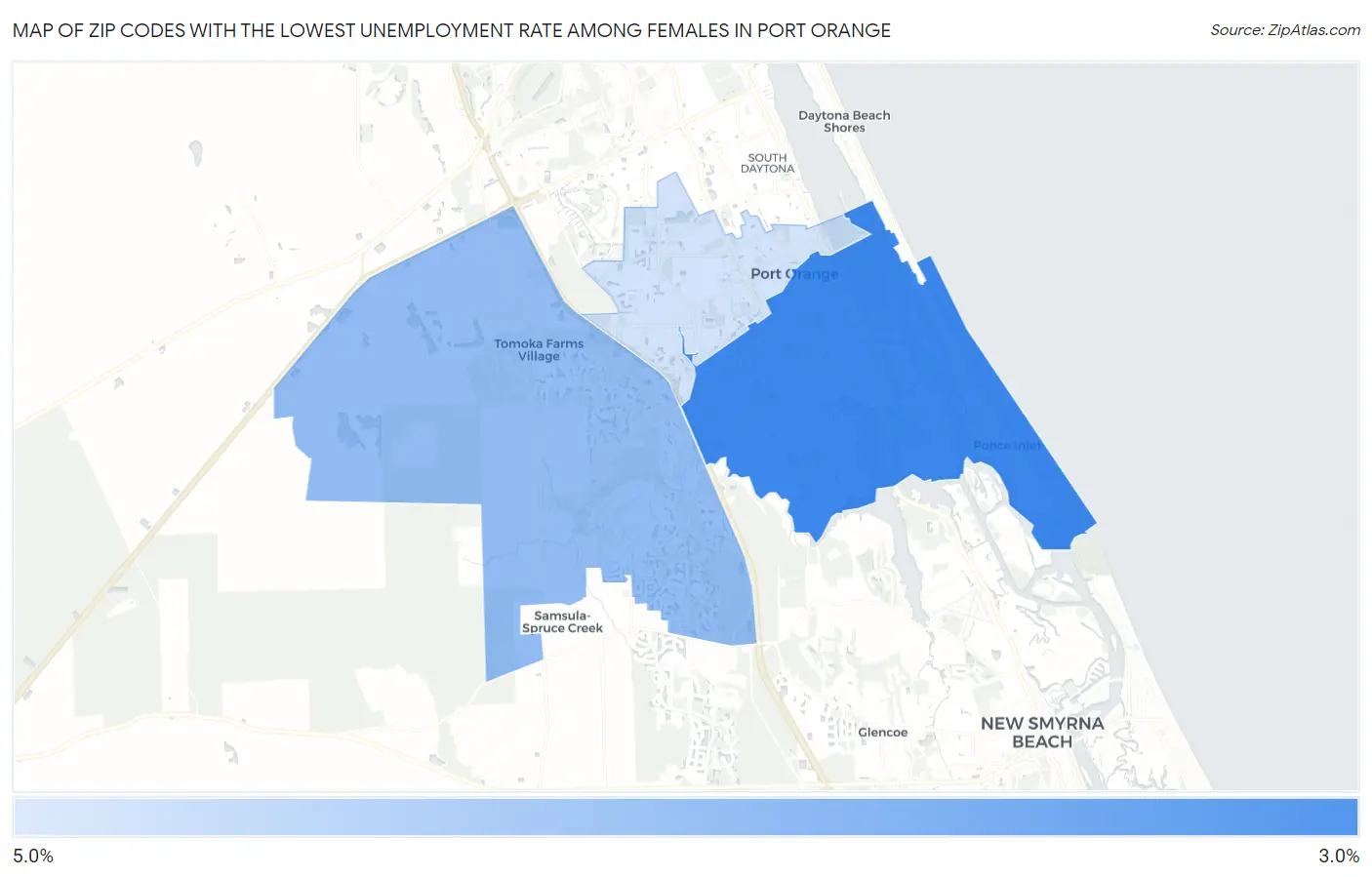 Zip Codes with the Lowest Unemployment Rate Among Females in Port Orange Map