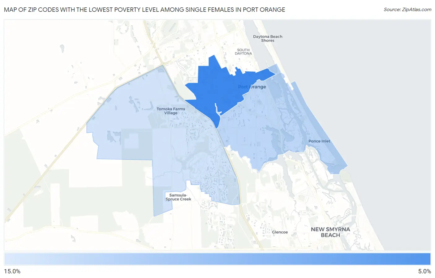 Zip Codes with the Lowest Poverty Level Among Single Females in Port Orange Map