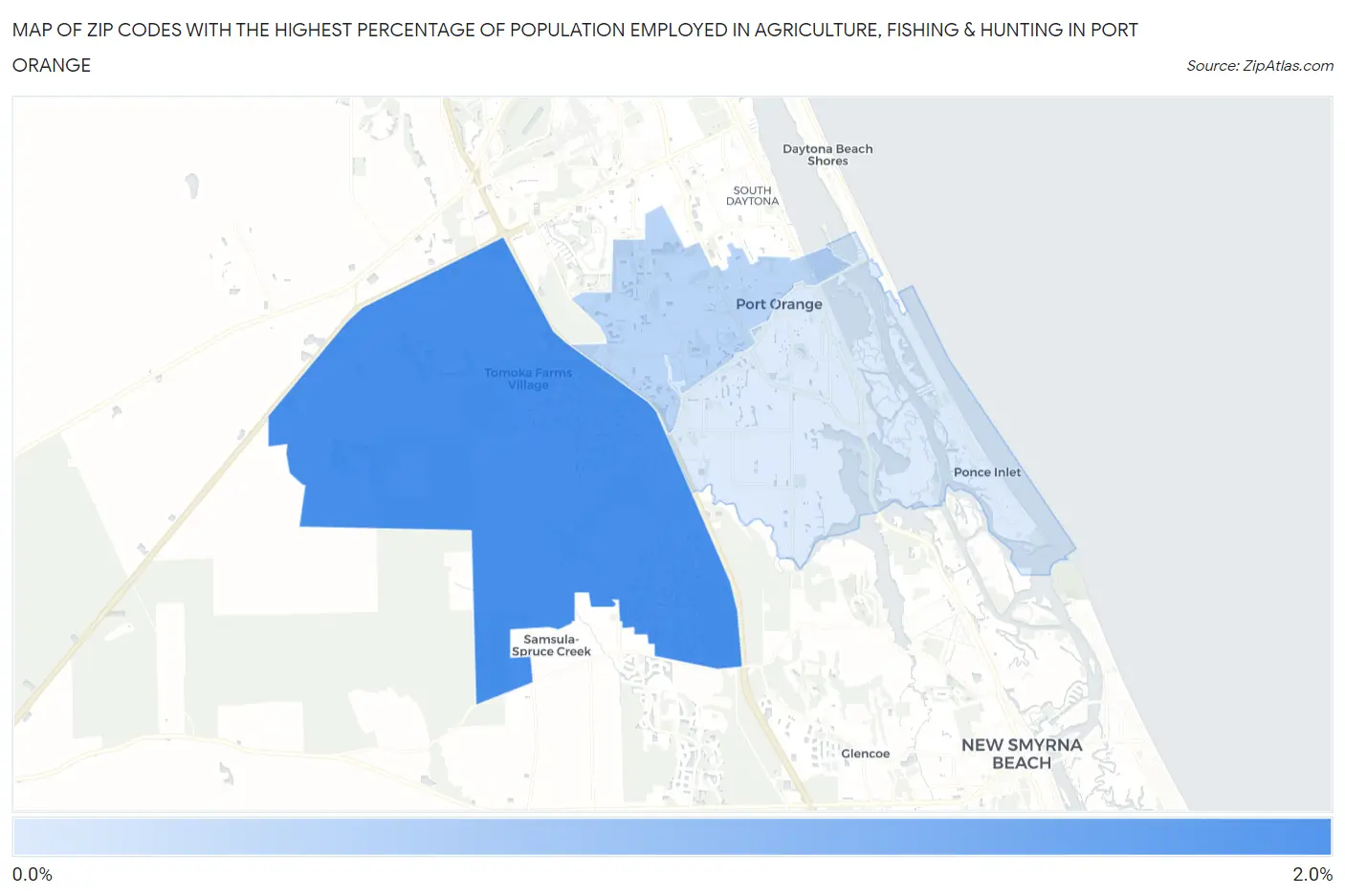 Zip Codes with the Highest Percentage of Population Employed in Agriculture, Fishing & Hunting in Port Orange Map