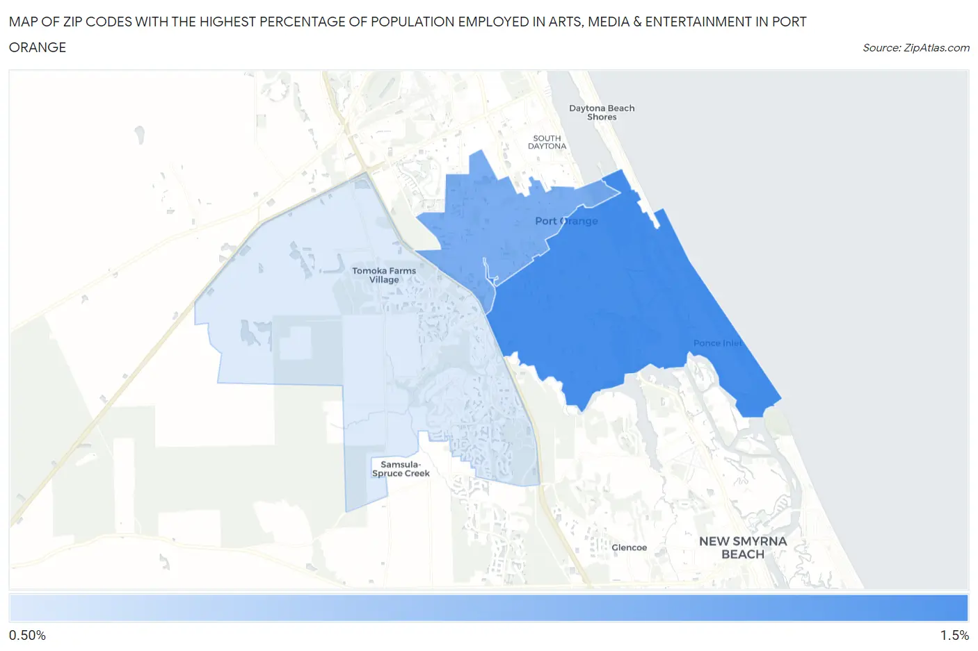Zip Codes with the Highest Percentage of Population Employed in Arts, Media & Entertainment in Port Orange Map