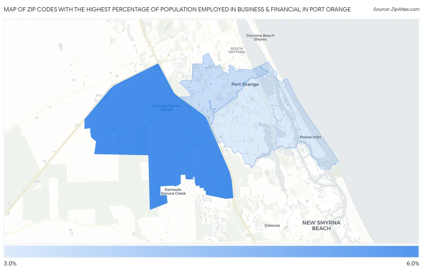 Zip Codes with the Highest Percentage of Population Employed in Business & Financial in Port Orange Map