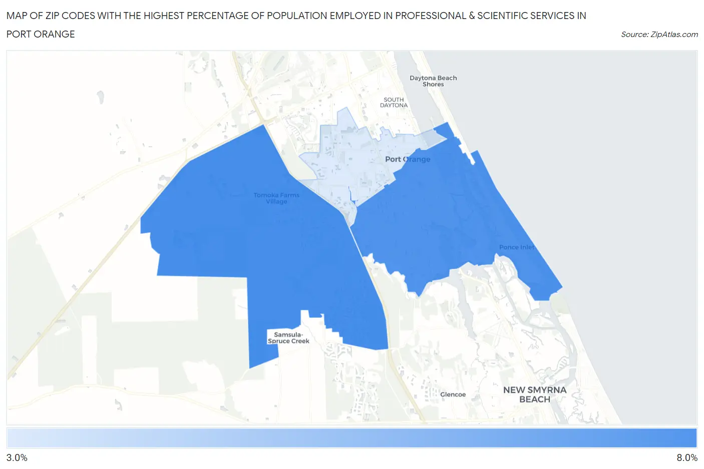 Zip Codes with the Highest Percentage of Population Employed in Professional & Scientific Services in Port Orange Map