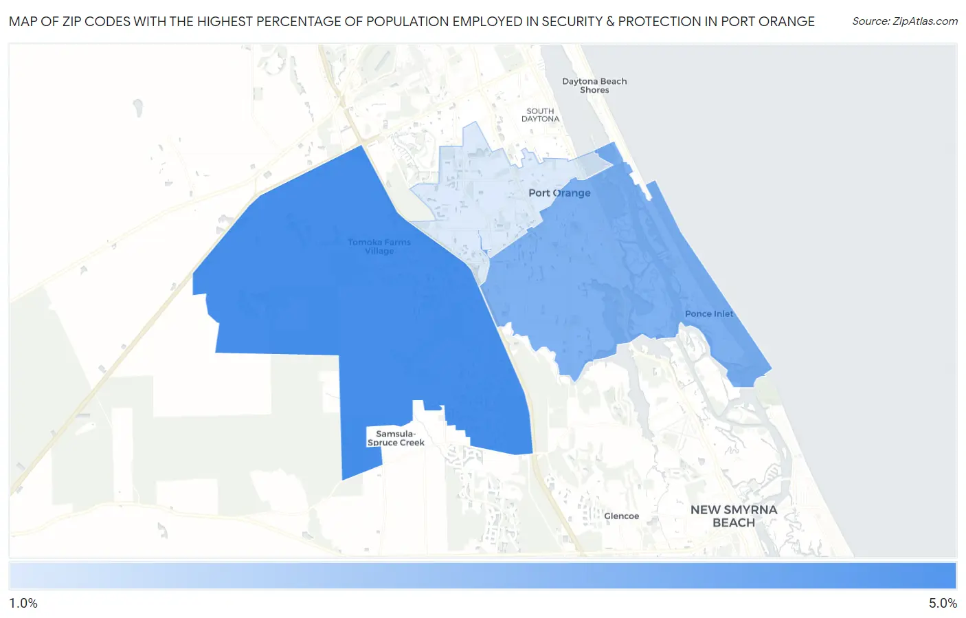 Zip Codes with the Highest Percentage of Population Employed in Security & Protection in Port Orange Map