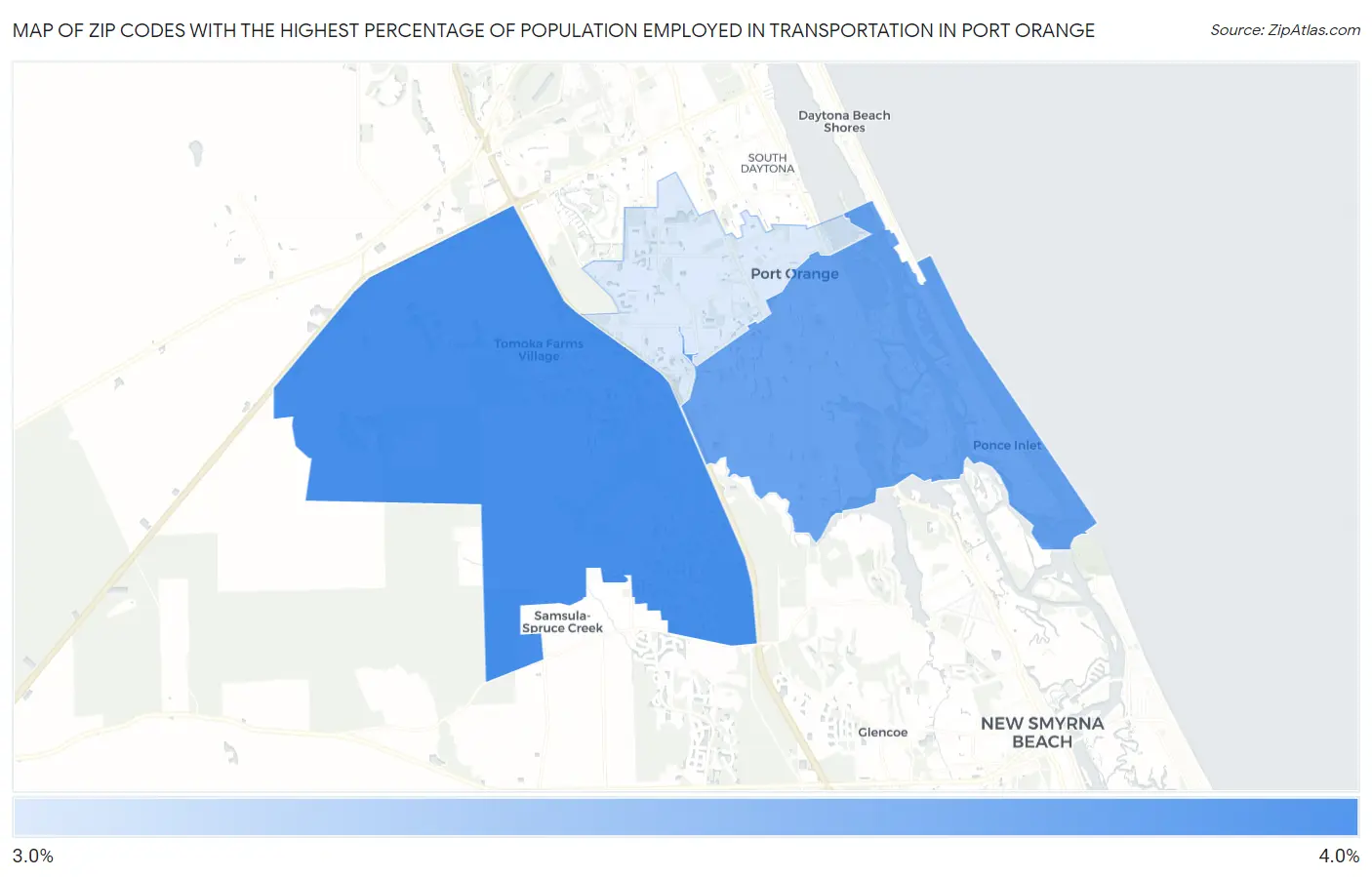 Zip Codes with the Highest Percentage of Population Employed in Transportation in Port Orange Map