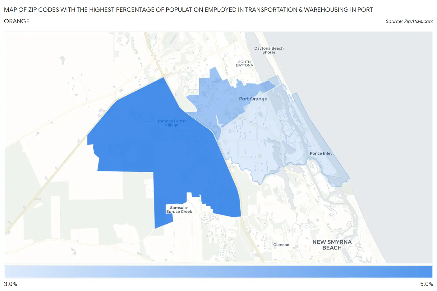 Zip Codes with the Highest Percentage of Population Employed in Transportation & Warehousing in Port Orange Map
