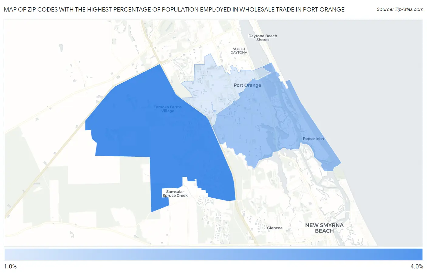 Zip Codes with the Highest Percentage of Population Employed in Wholesale Trade in Port Orange Map
