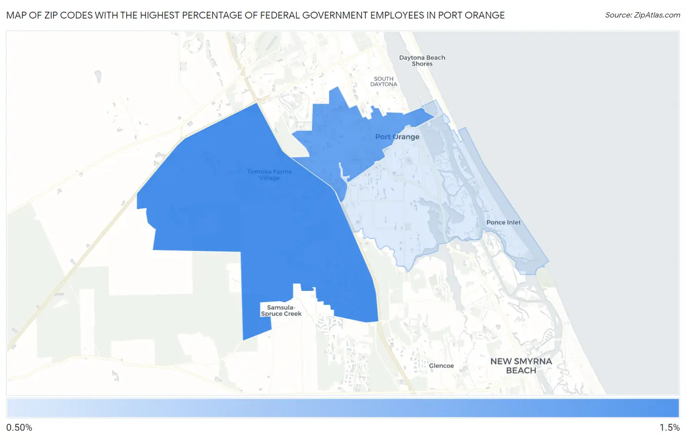 Zip Codes with the Highest Percentage of Federal Government Employees in Port Orange Map