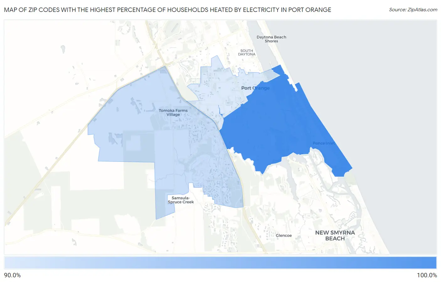 Zip Codes with the Highest Percentage of Households Heated by Electricity in Port Orange Map