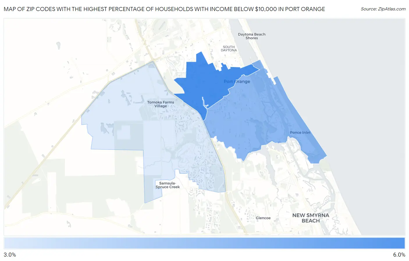 Zip Codes with the Highest Percentage of Households with Income Below $10,000 in Port Orange Map