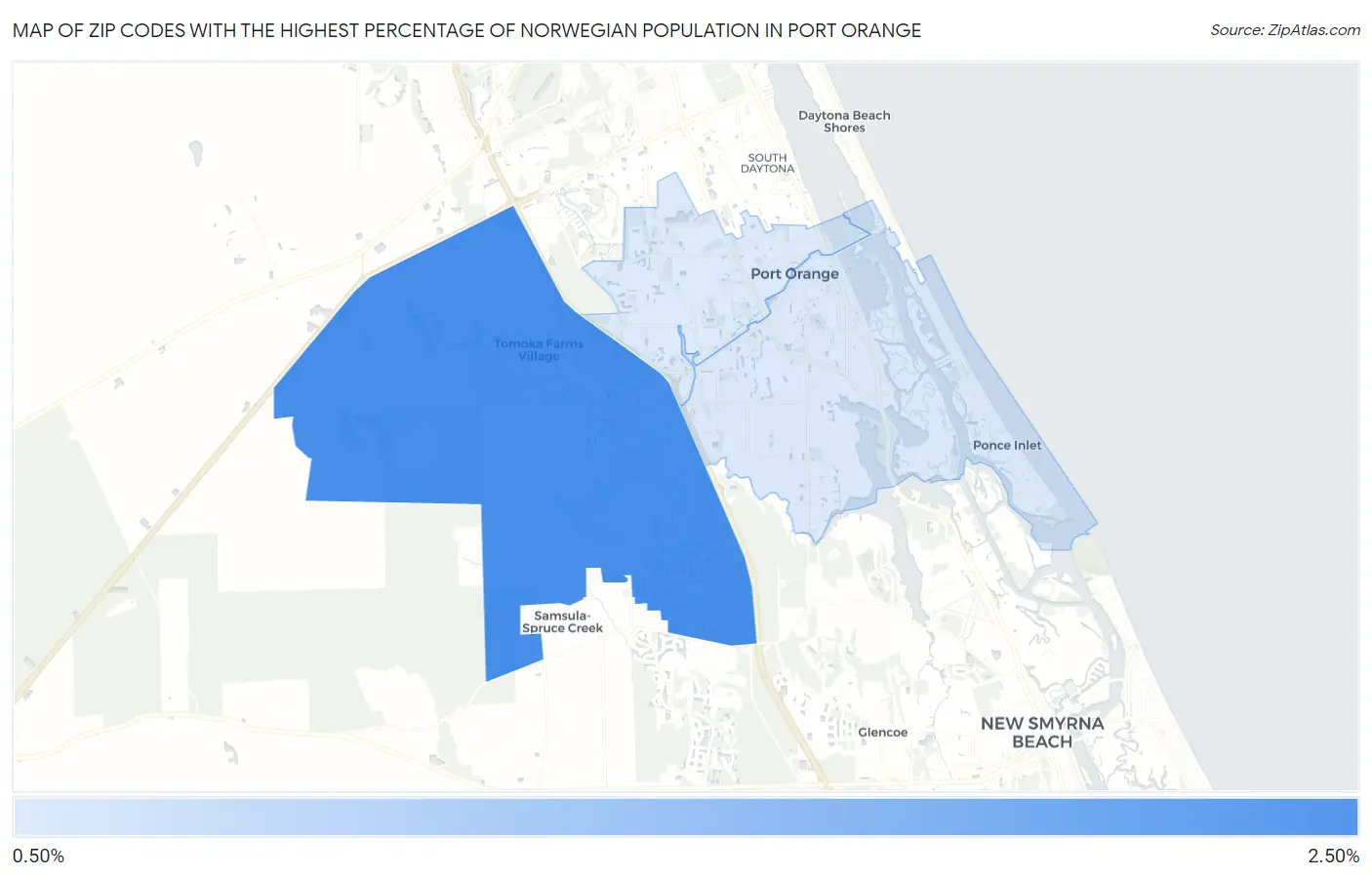 Zip Codes with the Highest Percentage of Norwegian Population in Port Orange Map
