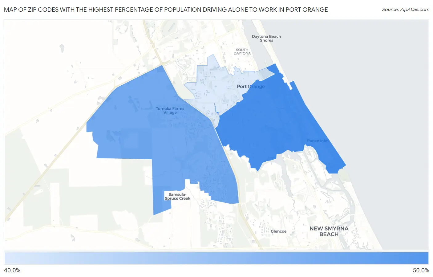 Zip Codes with the Highest Percentage of Population Driving Alone to Work in Port Orange Map