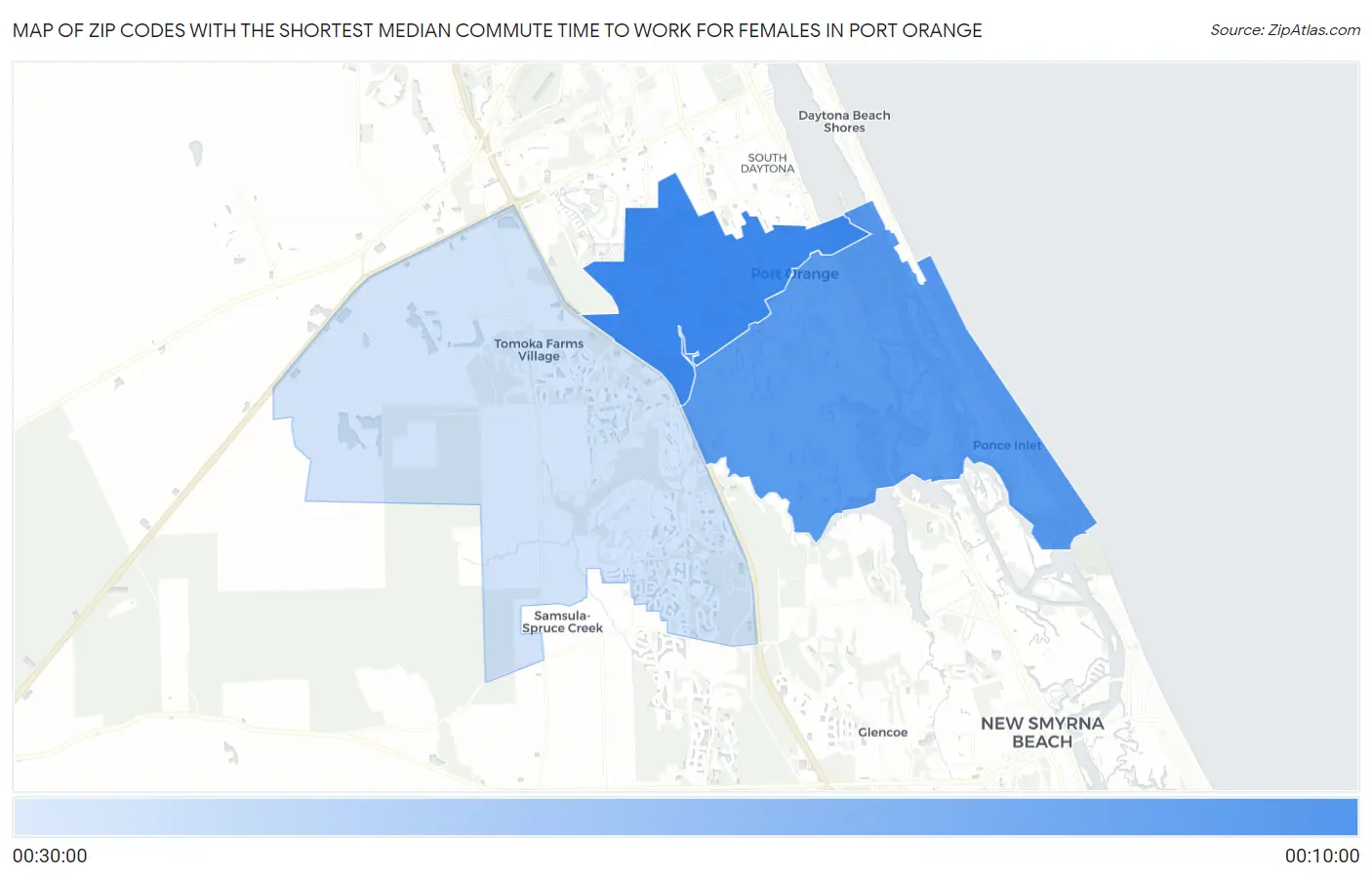 Zip Codes with the Shortest Median Commute Time to Work for Females in Port Orange Map