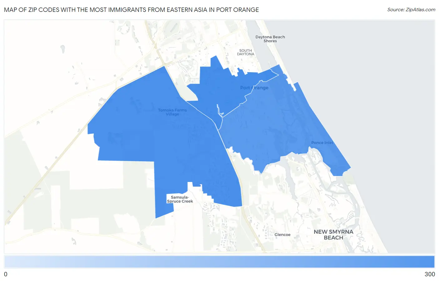 Zip Codes with the Most Immigrants from Eastern Asia in Port Orange Map