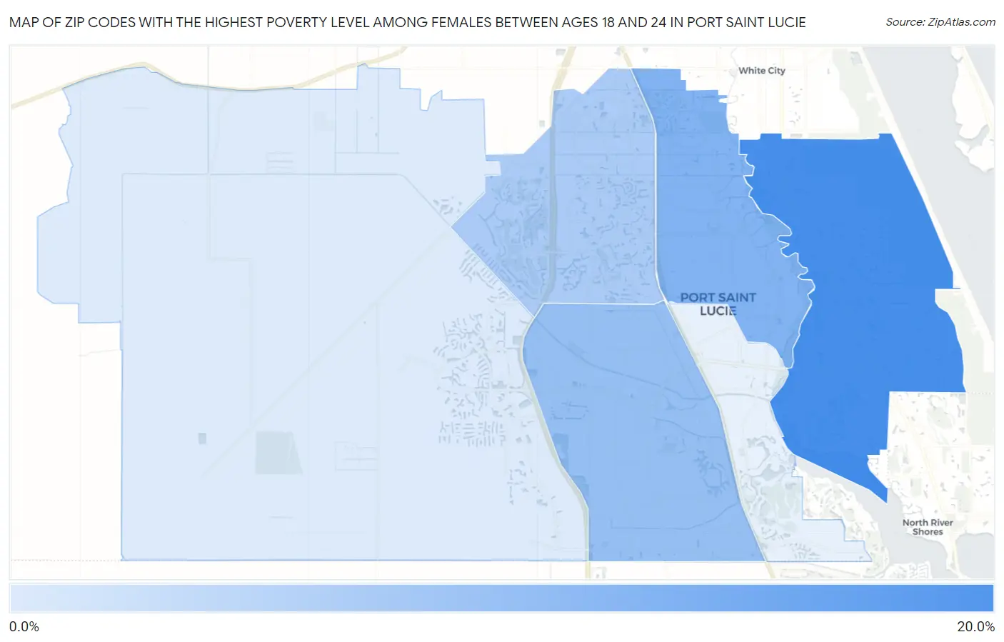 Zip Codes with the Highest Poverty Level Among Females Between Ages 18 and 24 in Port Saint Lucie Map