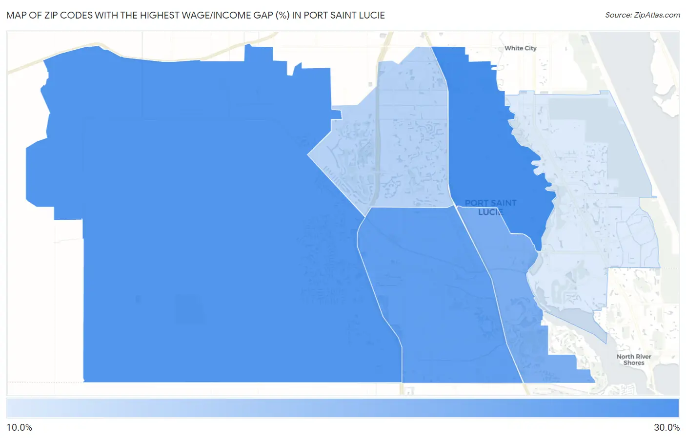 Zip Codes with the Highest Wage/Income Gap (%) in Port Saint Lucie Map